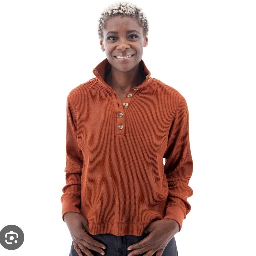 Aventura‎ Clothing Grace Organic Cotton Top Rust Orange Ribbed Henley S gorpcore